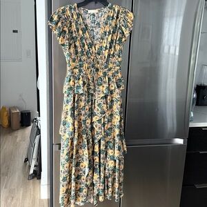 Ulla Johnson Yellow and Green Floral tiered Midi Dress. 2.